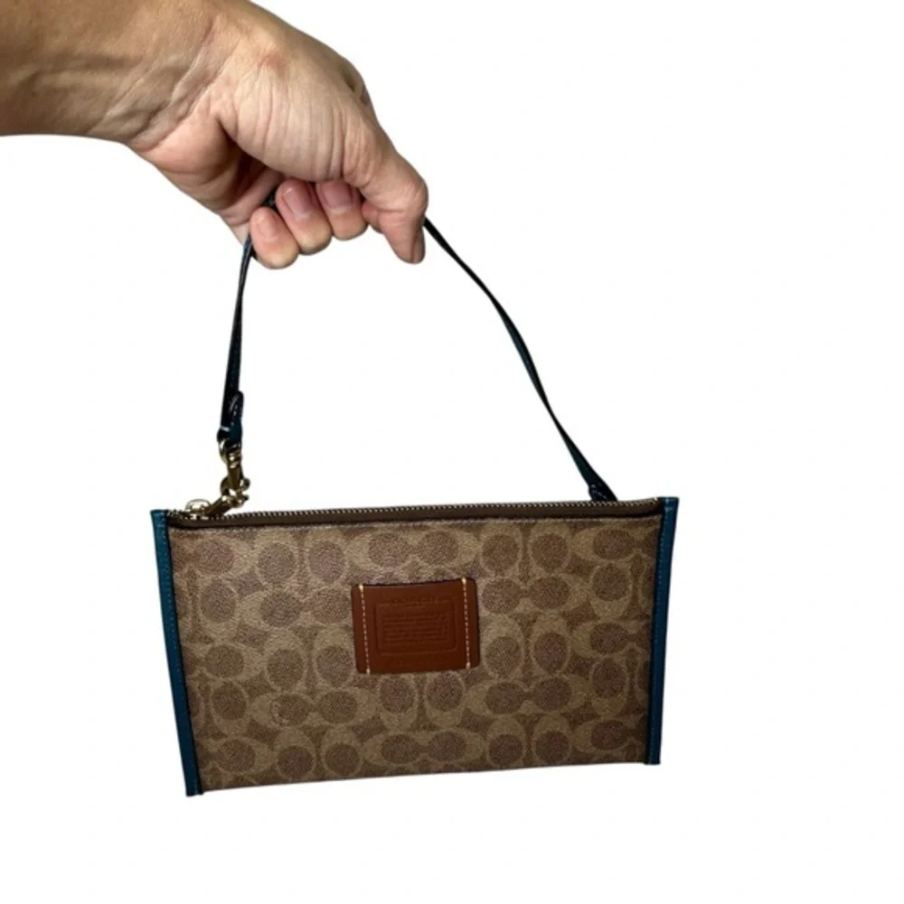 Coach Day Wristlet In Signature‎ Coated Canvas And Refined leather Teal Trim